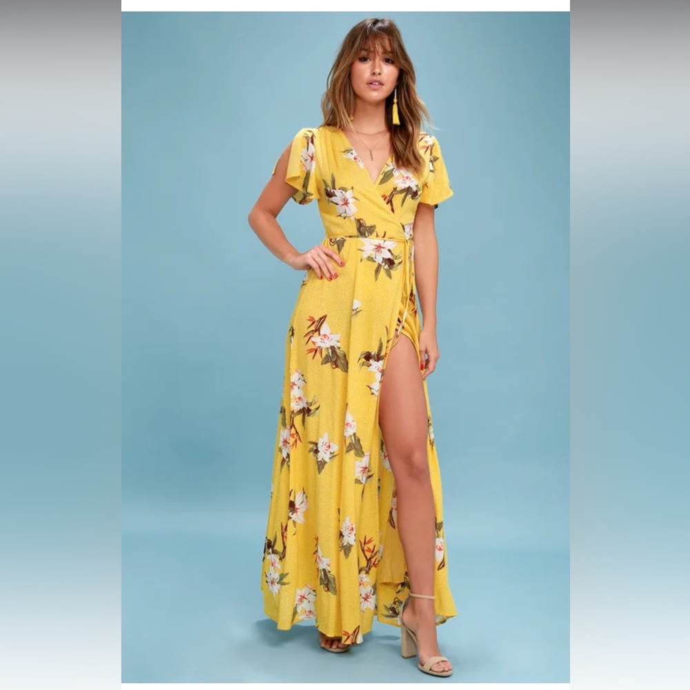 Floral yellow wrap maxi dress with flutter sleeves